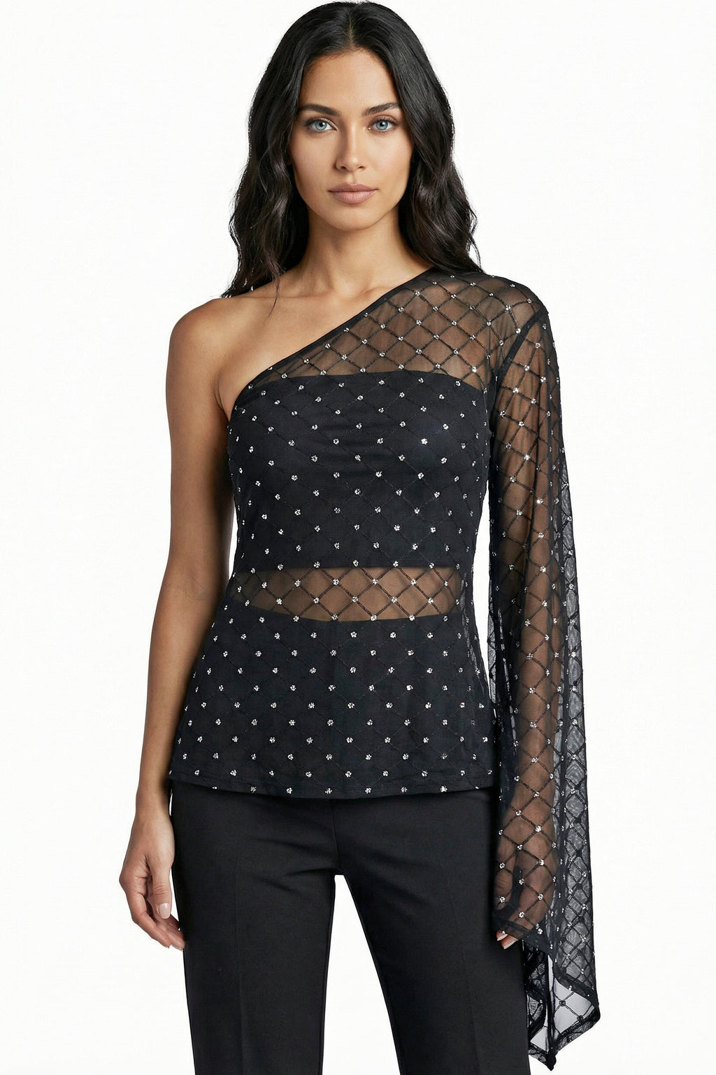 Sheer Glitter Asymmetrical Top