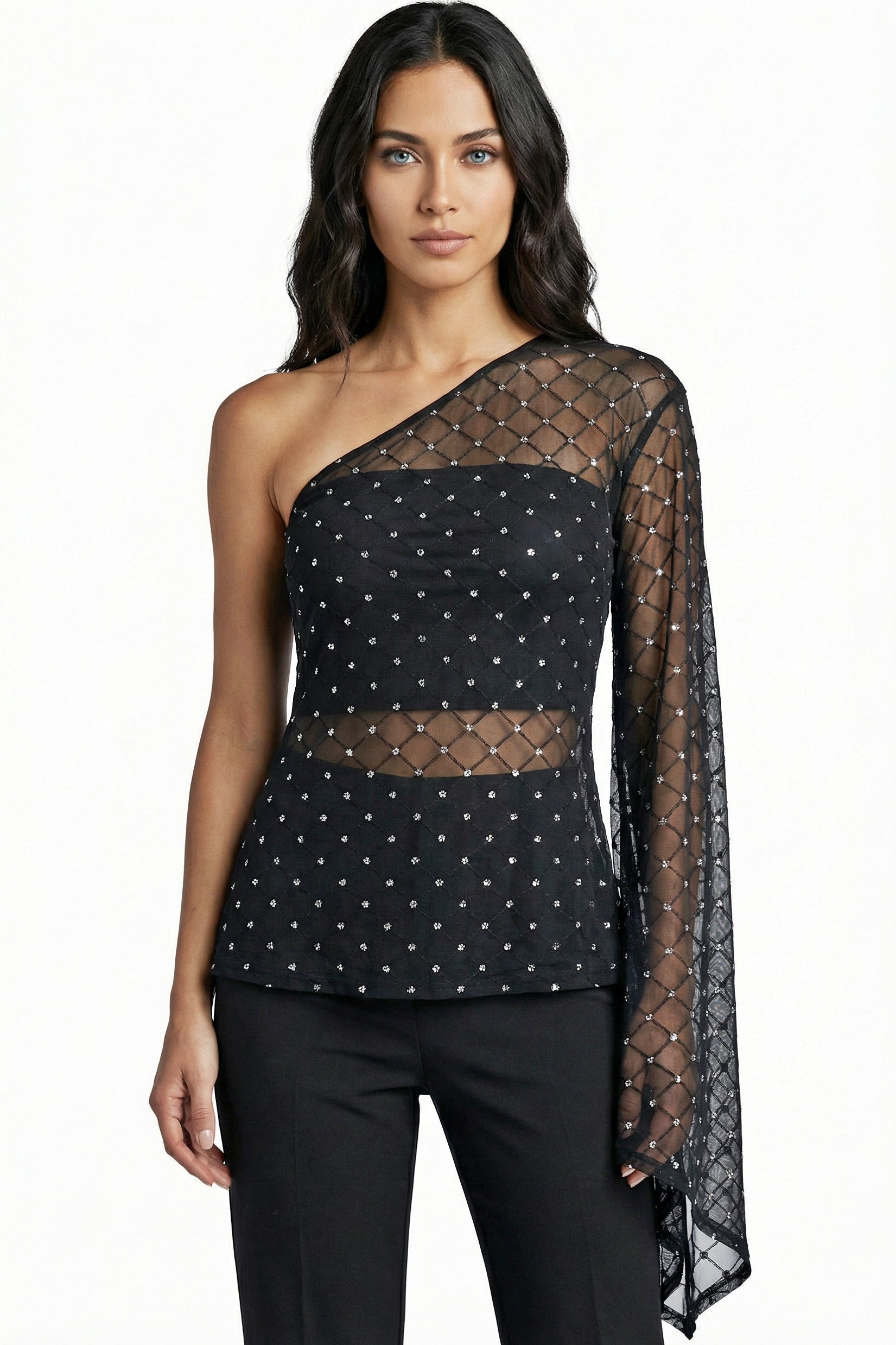 Sheer Glitter Asymmetrical Top