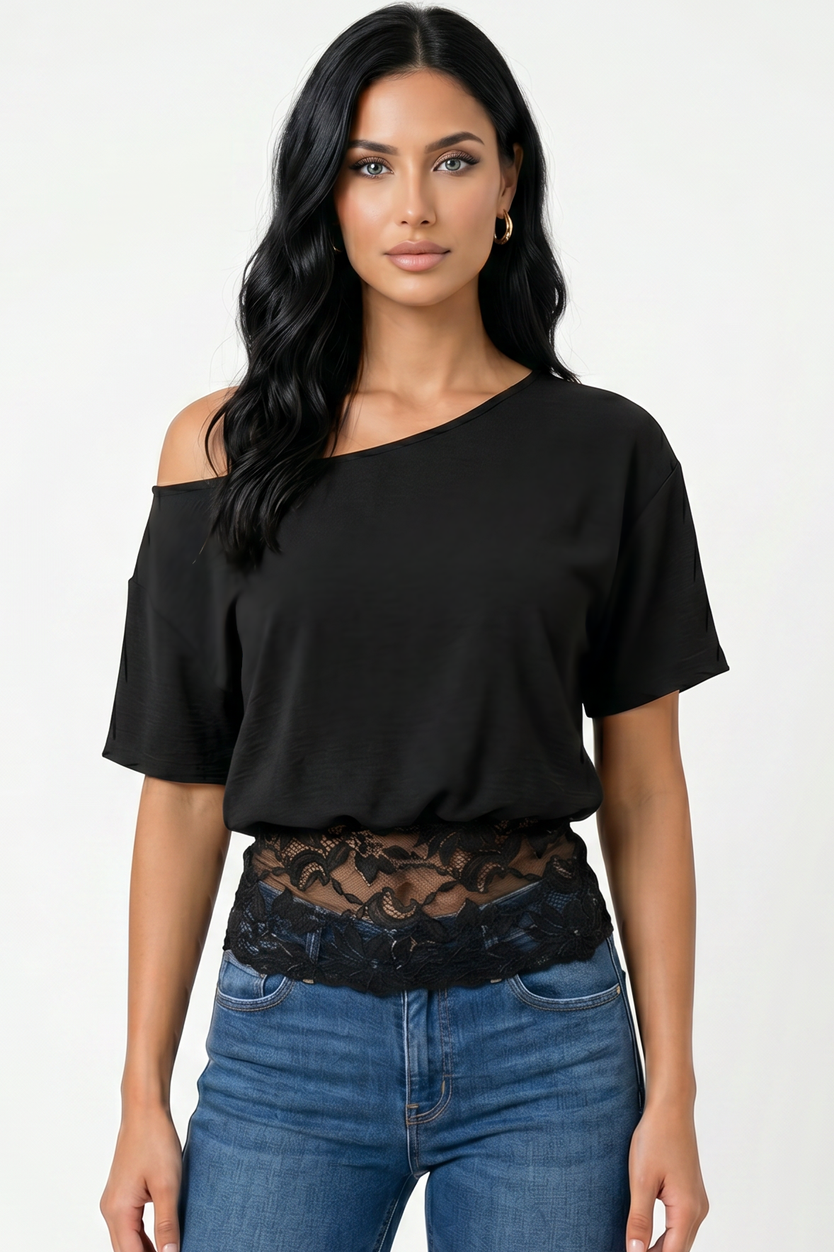 Lace-Waist Off-Shoulder Tee