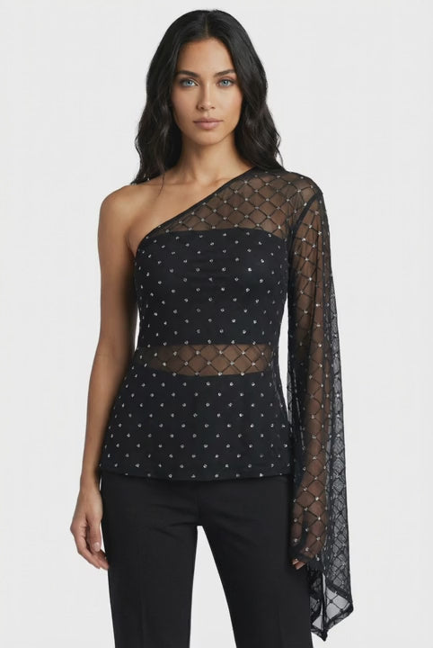 Sheer Glitter Asymmetrical Top